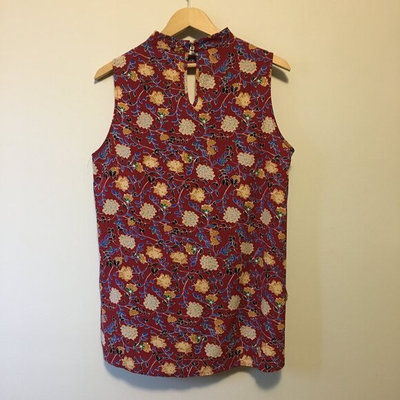 Valleygirl Burgundy Floral Sleeveless Keyhole Halter Neck Blouse - Picture 2 of 16